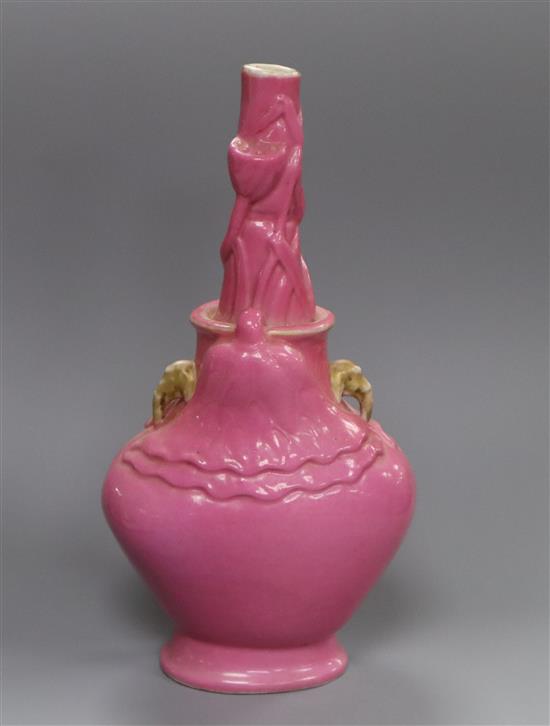 A Chinese pink ground lotus bottle vase, moulded Qianlong mark but Republic period, H. 17.7cm